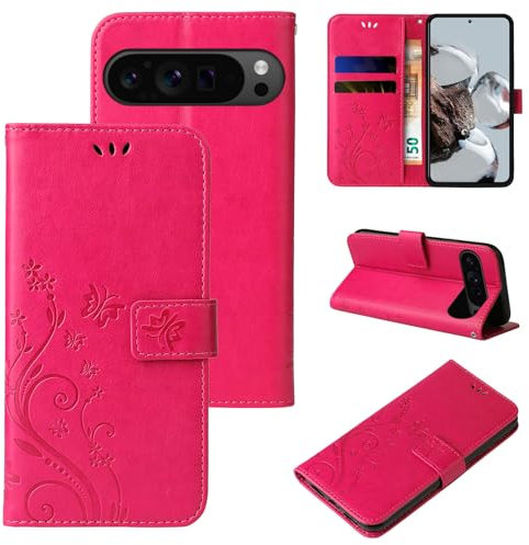 LBH Custodia per Google Pixel 9 Pro XL, con motivo a farfalla, motivo floreale, funzione leggio, protezione a 360 gradi, colore: rosa