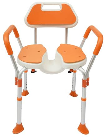 Duschsitz, Duschstuhl aus Aluminium, Duschhocker mit Rückenlehne & Hygieneausschnitt & Fußpolstern bis 125kg für Senioren, Schwangere, Behinderte, 73-83 cm höhenverstellbar