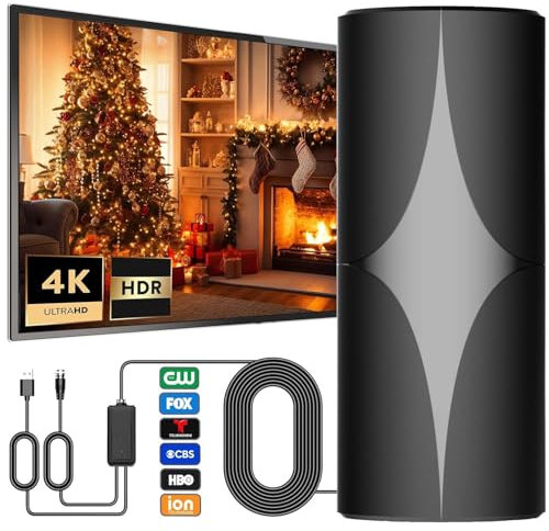 Antenne TV améliorée 2024, antenne TV pour Smart TV intérieur/extérieur, antenne numérique avec portée de couverture de plus de 1080 km, canaux locaux de réception à 360°, prend en charge 4K 1080p