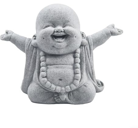 Bouddha souriant - Décoration de jardin en pierre de sable vert - Effet grès - Pour intérieur et extérieur - Statue de bonsaï (A)