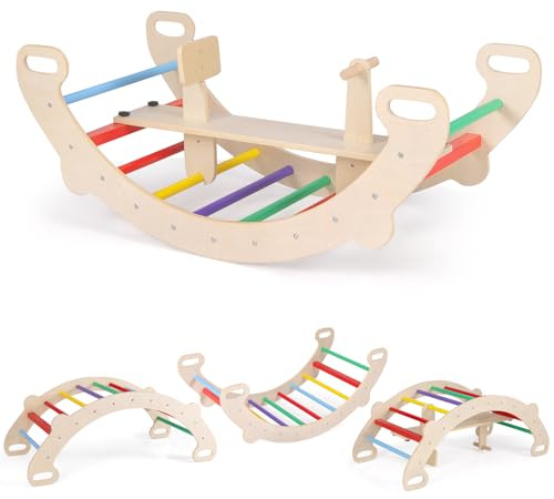 HOMASIS Kletterbogen Indoor, 4 in 1 Klettergerüst mit Schaukelpferd, Montessori Bogenwippe zum Wippen & Klettern, Picklerdreick Kletterdreieck Spielplatz Holz für Kinder ab 3 Jahren, Bunt