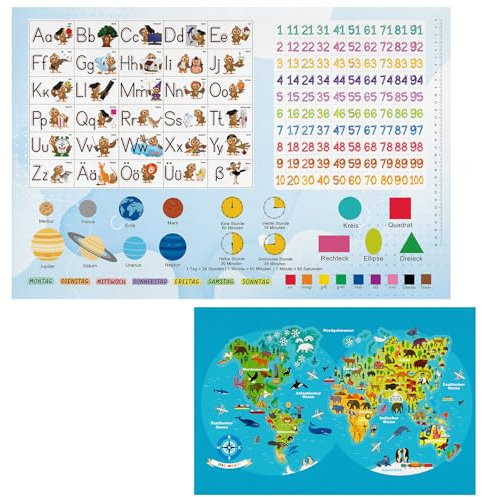 Schreibtischunterlage Kinder,Double Sided Weltkarte Kinder Schreibtischunterlage Wasserfest aus Strapazierfähigem,Abwischbar Malunterlage für Kinder/Mädchen(60x40 cm)