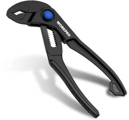 WORKPRO Mini Water Pump Pliers, 4-Inch Groove Joint Pliers, Fast Adjustable Tongue and Groove Pliers with 15-Position Push-Lock, V-Jaw for Multi-Surface Grip, Ideal for Tight Spaces and Versatile Use