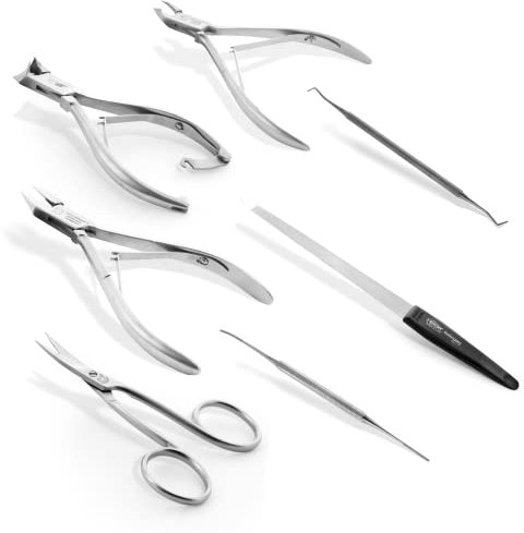 Otto Herder Profi-Fusspflege Set Professionell 7-teilig, Hochwertige Podologie-Instrumente Schwarzes Lederetui mit Reißverschluss für die Behandlung von harten Fuß- und Fingernägeln