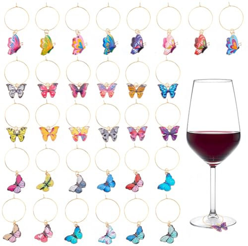 PLIGREAT 32 Pcs Wine Glass Charms Wine Glass Markers Colorful Butterfly Wine Glass Tags for Stem Glasses Drink Charms Wine Glass Identifier Charms for Wine Tasting Party Favors Decorations Birthday