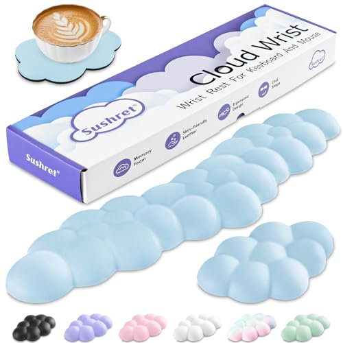 Sushret Handballenauflage Tastatur Wolke, Ergonomisches Handauflage Tastatur Wolke Mit PU Leder Memory Schaum, Cloud Wrist Rest, Niedliche Wolken Handgelenkstütze Maus Für PC Gaming Zubehör – Blau
