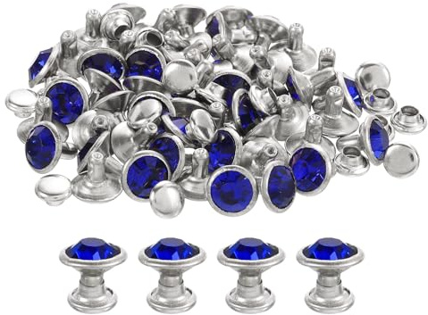 sourcing map Lot de 80 rivets en strass bleu foncé, 8 mm, rivets en cristal, rivets en métal à double capuchon en strass pour le cuir, les loisirs créatifs, les sacs à main, cadre argenté