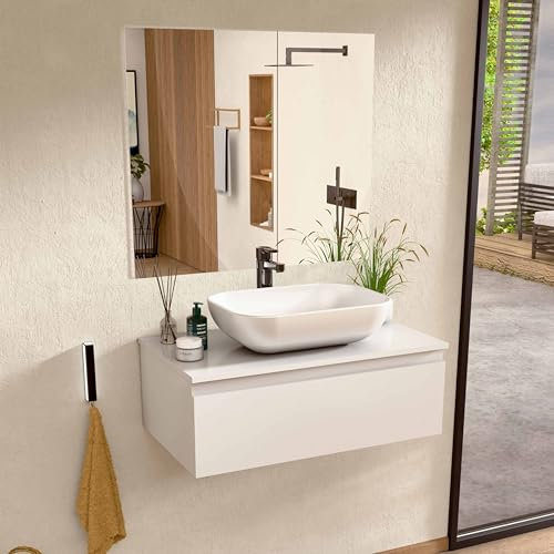 BELLOBATH - Mueble Baño Suspendido con Lavabo de Cerámica y Espejo, Mueble Baño con Lavabo Montado con 1 Cajón, 80 x 27 x 46 cm, Mueble Blanco
