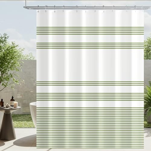 Lerores Rideau de douche 120 x 200 cm - Vert - Motif à rayures - Ourlet lesté - Textile anti-moisissure - Imperméable - Lavable - En polyester - Avec œillets et 8 anneaux de rideau de douche - Pour
