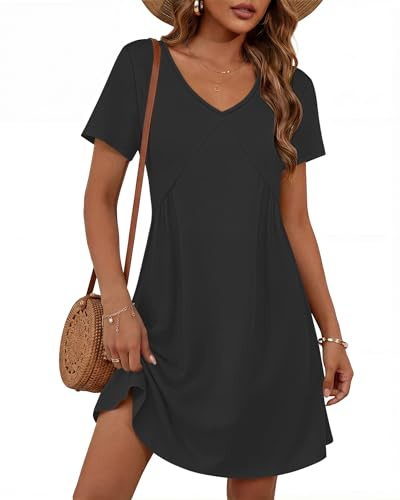 PLOKNRD Casual Summer Dresses Women V-Neck Short Sleeve Midi Dress with Pockets Beach Elegant Ladies Sundress Black XL