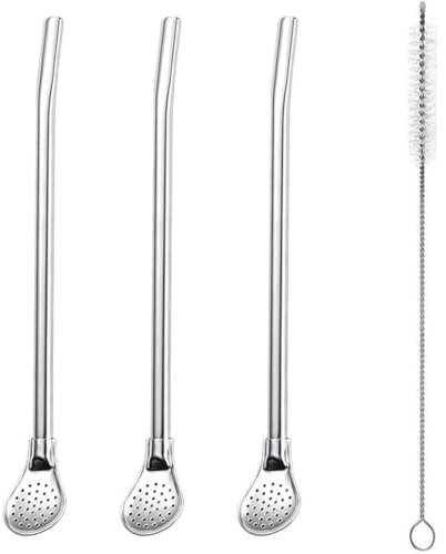 ZUWIJEQ 3 Pcs Bombilla Mate Cuchara de Paja Cuchara de Filtro de Paja de Acero Inoxidable Pajitas de Acero Inoxidable Cuchara de Paja de Metal Reutilizable con Cepillo de Limpieza para Té Café