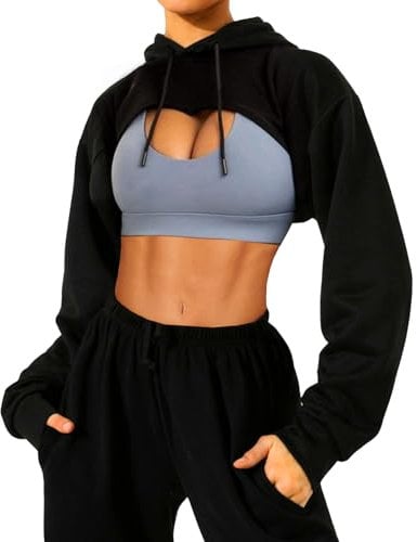 Navneet Women Cropped Hoodie Long Sleeve Crop Tops Cut Out Pullover Tops Y2k Sweatshirts Going Out Black M