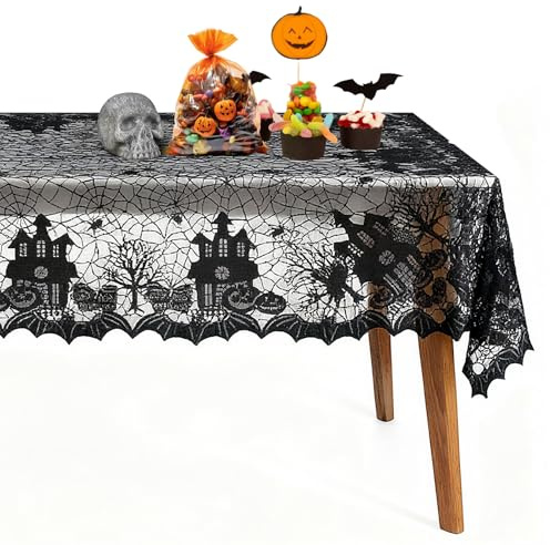 Forbabe Halloween Tischdecke 135 x 175 cm Wiederverwendbar Tischdecke Spitze Schwarz für Drinnen Halloween Party Dekor (135x175cm)