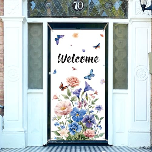 arricraft 1 Stück Türabdeckung Mit Willkommensmotiv Schmetterlings Blumen Rosen Muster Banner Fotografie Hintergrund Für Party Tür Wand Veranda Innen Und Außendekoration 35.4x72.8(5) cm