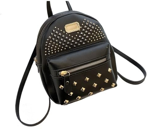 Nietenrucksack PU-Leder-Nieten-Rucksack for Damen, einfarbig, Schulrucksack for Studenten, lässige Handtasche for Frauen FüR Damen(Black)