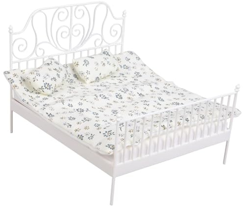 YPREWY Metall Puppenhäuser Bett mit abnehmbarem Bettzeug Antik Design 1/12 Maßstab Miniatur Möbel Safe für Kinder Sammler Puppenhäuser Zubehör