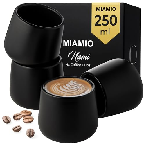 MIAMIO - Kaffeetassen Set/Kaffeebecher (250ml) - Nami (Schwarz) | Keramik Kaffeebecher, Tassen Set ohne Henkel, 4er Set Keramik Becher für Kaffee & Tee, dickwandige Tasse - spülmaschinenfest