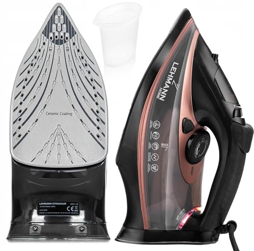 LEHMANN Fer à Repasser Vapeur, 3000 W, jusqu'à 45 g/min de Vapeur Continue & Pressing 140 g, Repassage Vertical, Semelle Céramique, Réservoir d'eau 380 ml, Arrêt Automatique, Noir/Or rose