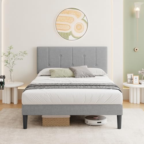 Vesgantti 4FT Small Double Bed Frame with Adjustable Headboard | Solid Wooden Slats & Upholstered Platform, Easy Assembly, Noise-Free, Under Bed Storage, 120 x 190 cm,Light Grey