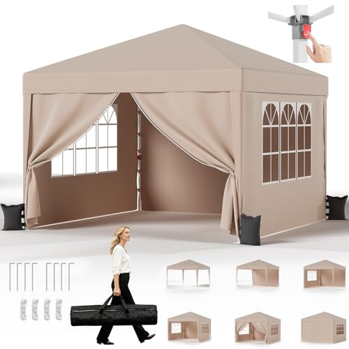 JUMMICO Tonnelle Pliante 3x3 imperméable, Hauteur Réglable, Toile Épaisse avec Fermeture Velcro, Structure Robuste, Protection Anti-UV, Idéale pour Camping, Jardin et Plus Encore, Beige