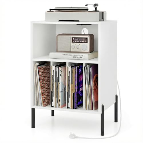 COSTWAY Record Player Stand with Charging Station, Turntable Stand End Side Table with 5 Shelves for 150 Albums, Metal Legs Vinyl Record Storage Cabinet Holder for Living Room Bedroom (White)