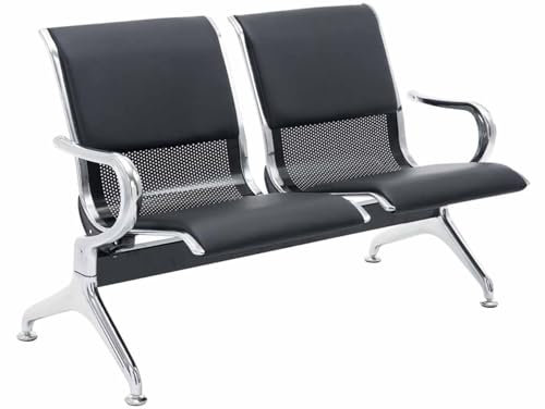 CLP Wartebank Airport mit Kunstlederbezug I Sitzbank mit Metallgestell in Chrom-Optik I Robuste Wartestühle mit Rückenlehne, Farbe:schwarz/schwarz, Größe:2-Sitzer