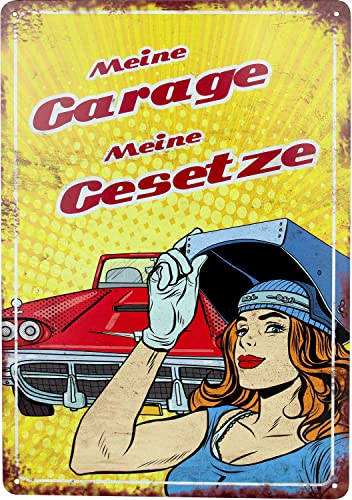 Blechschild Retro - Meine Garage Meine Gesetze - 20x30cm - Originelles Geschenk für Werkstattliebhaber, Vintage Metallschild zur Dekoration