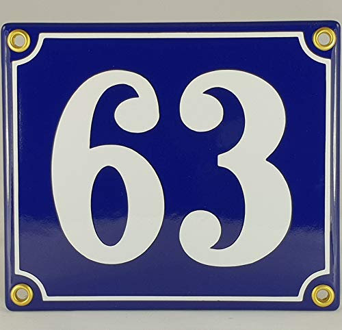 Hausnummer Emaille Schild Nr. 63 Blau-Weiß Handarbeit