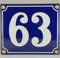 Hausnummer Emaille Schild Nr. 63 Blau-Weiß Handarbeit