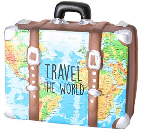 Travel The World Koffer Spardose in bunt-braun - Sparschwein Sparbüchse