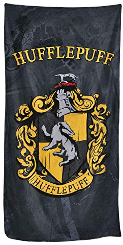 Elbenwald Harry Potter Strandtuch mit Hufflepuff Häuser-Wappen Motiv 90x180cm grau