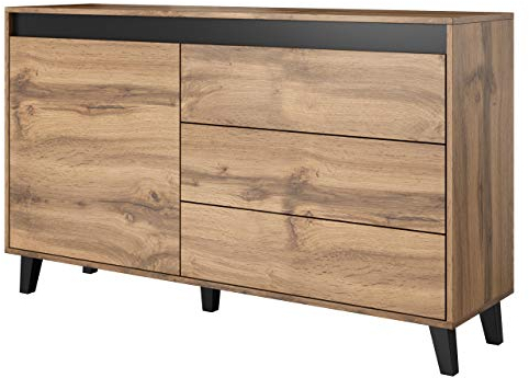 Mirjan24 Kommode Kaspro mit 3 Schubladen und Tür in Holz-Optik, Mehrzweckschrank, Highboard Sideboard, Anrichte, Wohnzimmerschrank, Schrank, Naturtöne (Wotan/Anthrazit)