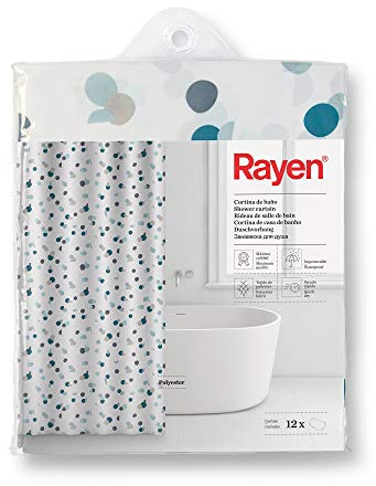 Rayen | Badezimmervorhänge | Duschvorhang oder Badewanne | Wasserdicht | Polyester | Schnelltrocknend | Undurchsichtig, PVC-Ringe | inkl. 12 Haken | 180 x 200 cm | weiß mit blauen Punkten