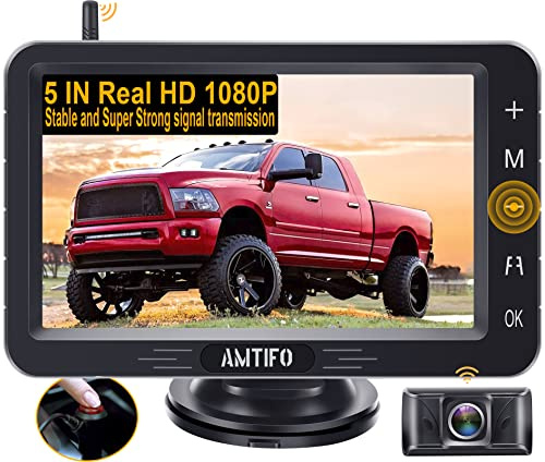 AMTIFO Rückfahrkamera Kabellos HD Funk Kamera Set mit 5 Inch Monitor Unterstützt Das Hinzufügen Von 2. Rückfahrkameras Wohnmobil/Rückfahrkamera Kennzeichenhalter, Wasserdichter IP69-Kamera - A6