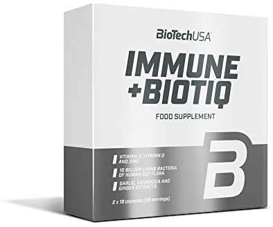 BioTechUSA Immune+Biotiq Lebendflora enthaltende Nahrungsergänzungsmittelkapseln mit Inulin, Vitamin C und D, Zink und Pflanzenextrakten, 2×18 Kapseln