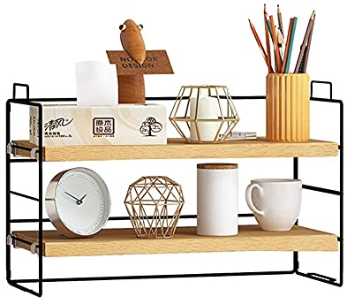 YunNasi Make Up Organizer Tisch Regal Schwarz Gewürzregal Holz Tischorganizer Schreibtisch Ablagesystem Desk Organizer Multifunktion Bücherregal für Schule Zuhause (Holzfarbe, Zwei Schichten)