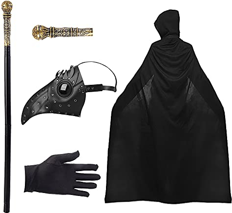 Lifreer Pest Ärzte Maske, Retro Nieten Vogelmaske Schnabel Steampunk Maske Halloween Maske Maskerade Halloween Kostüm Requisiten mit schwarzen Handschuhen, Stock, Umhang mit Kapuze