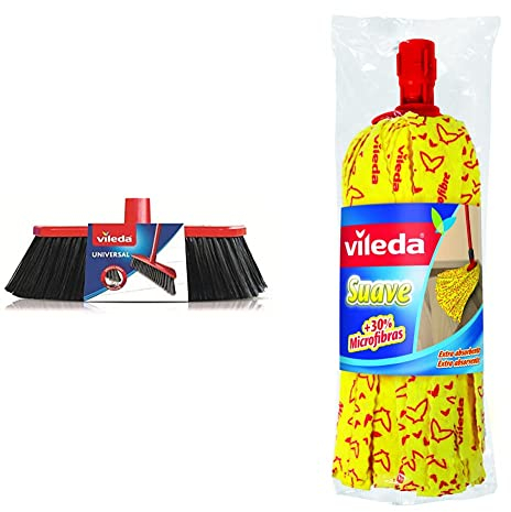 Vileda Recambio Cepillo Universal, Rojo y Negro + Suave Fregona + 30% microfibras, Recambio para fregona, Cabezal Universal, Color Amarillo