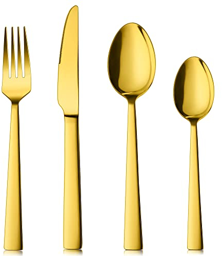 Herogo Cutlery Set, 16-Piece Stainless Steel Flatware Set Service for 4, Mirror Polished Silverware Set with Knife Fork Spoon, Elegant Cutleries for Home Restaurant Hotel, Dishwasher Safe (Gold)