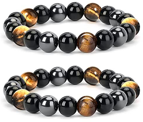 Zoonvii 2 Stück Tigerauge und Schwarzer Turmalin Magnetarmband - Dreifacher Schutz Mit Obsidian Hämatit - Geschenk für Freunde, Ehemann, Vater (Federnd)