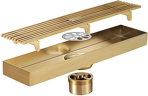 YJYKXP Duschrinne Gebürstetes Gold Rechteck Duschablauf 304 Edelstahl Ablaufrinne Deodorant Ablauf Bodenablauf Dusche für Badezimmer (300mm × 68mm)