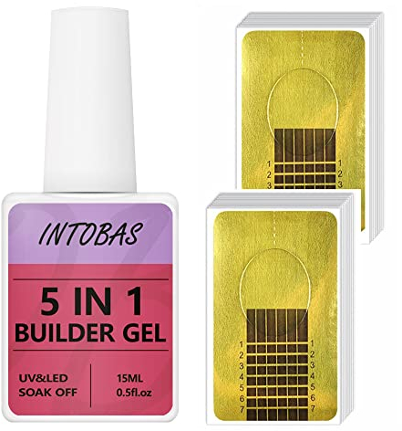 INTOBAS 15ml Builder Gel 5 en 1, Gel de Construction Ongle UV Avec 100Pcs Ongle Chablon,Gummy Base Pose Americaine, Base et Structure Pour Extension,Gel Ongle UV,Rubber Base Gel Transparent