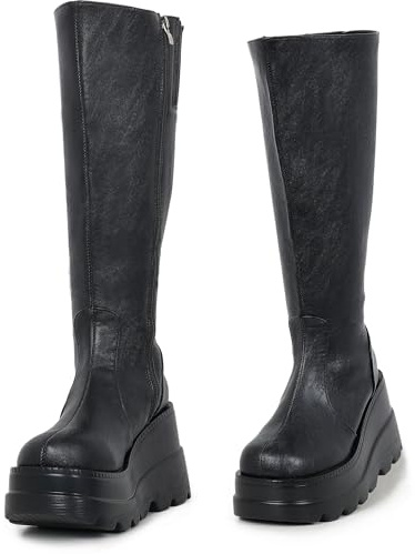 Gothniero Black Wide Calf platform Boots for women Knee High Chunky Heel Combat Motorcycle Cosplay Goth Rave Boots Mid Calf Tall Boot with Side Zip 3.5UK-8UK