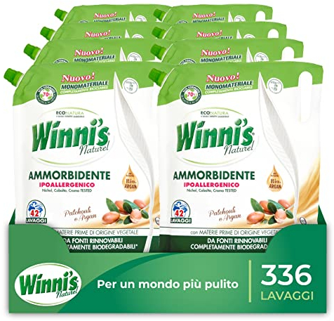 Winni's - Ammorbidente Lavatrice, 336 Lavaggi, Estratto Biologico di Argan e Patchouli, Materie Prime di Origine Vegetale, 1470 ml x 8 Confezioni