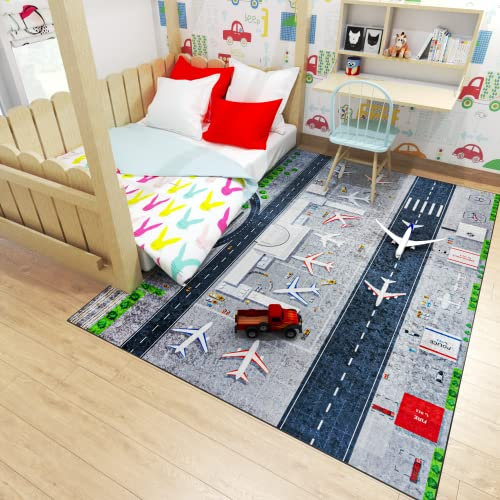 Mazovia Kinderzimmerteppich Antirutsch - Waschbar bis 30 Grad - Spielteppich Flugzeuge Flughafen - Kurzflor Kinderteppich für Kinderzimmer - ÖKO-TEX Zertifiziert - Grau 140 x 200 cm