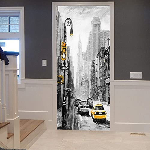 Stickers 3D Porte Poster Taxi Jaune Vue Sur La Rue 100 X 215 Cm Papier Peint Porte Trompe L'Oeil Pour Chambre Salon Décoration De La Maison Stickers Muraux Imperméable Stickers Amovibles - Photo De L