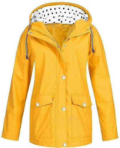 Générique Ciré Femme Coupe Vent Parka de Pluie avec Capuche Outdoor Zippé Chaude Manteau Casual de Travail Grande Taille Randonnée Veste Marque Automne Adulte Jacket Jaune 3XL