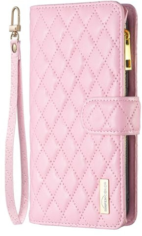 Wallet Case fit for iPhone 15 Plus | 9 Card Holder Slots Zipper Pocket Handbag Case | PU Leather Magnetic Closure Kickstand with Wrist Strap TPU Shockproof Flip Case | Pink