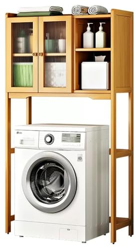 WPPTNSFY Mobile Bagno sopra WC Salvaspazio in bambù, Mobile per Lavatrice, Scaffale per Lavatrice con Armadietto a 2 Ante, Scaffale sopra Toilette 54/79X25X156CM