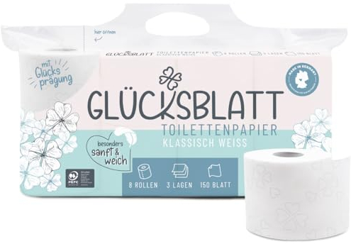 Glücksblatt Toilettenpapier KLASSISCH WEISS, 3-lagig, 8 Rollen x 150 Blatt, 100% Zellstoff, superweiches Klopapier, WC Papier, ideal für Camping, Verpackung aus mindestens 30% PCR-Anteil (8 Rollen)